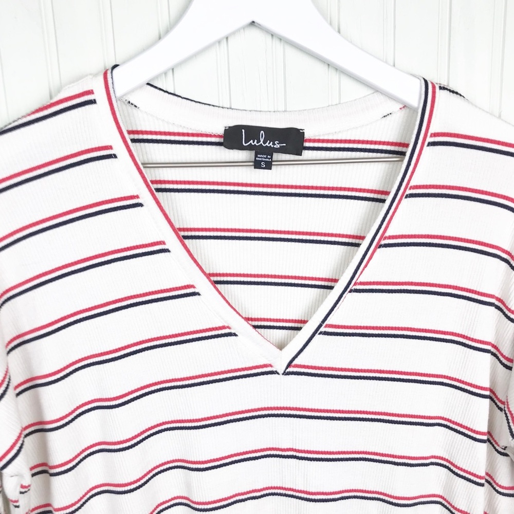Lulus Starting Line Striped Oversized V-Neck Tee - Picture 5 of 10